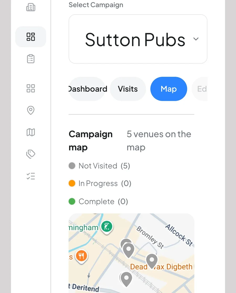 Campaign map showing venues by visit status