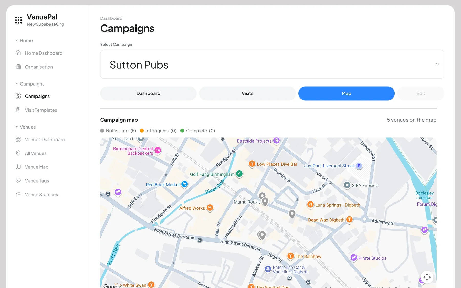 VenuePal campaign map in a desktop browser