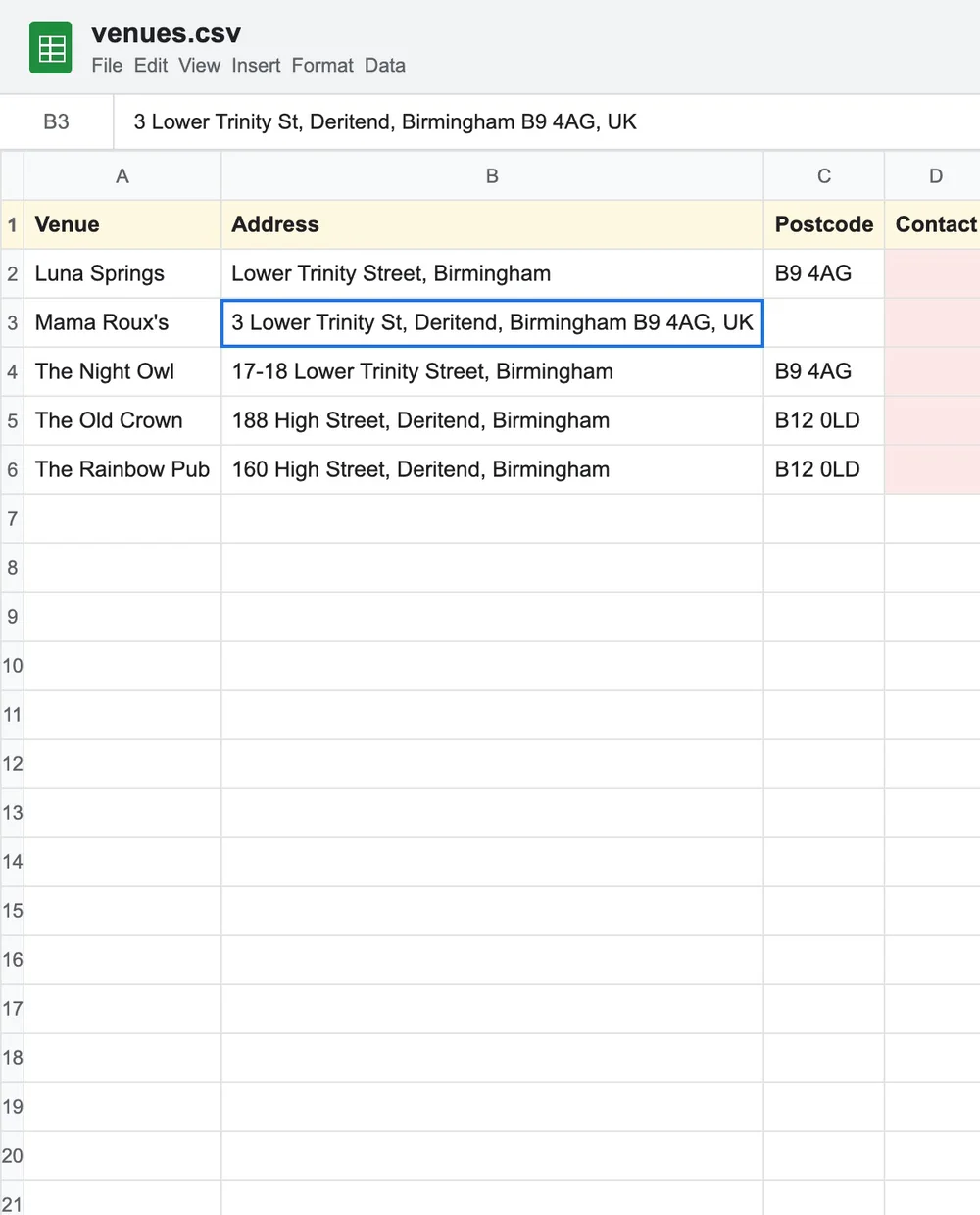 A spreadsheet listing five venues with addresses and missing contact details